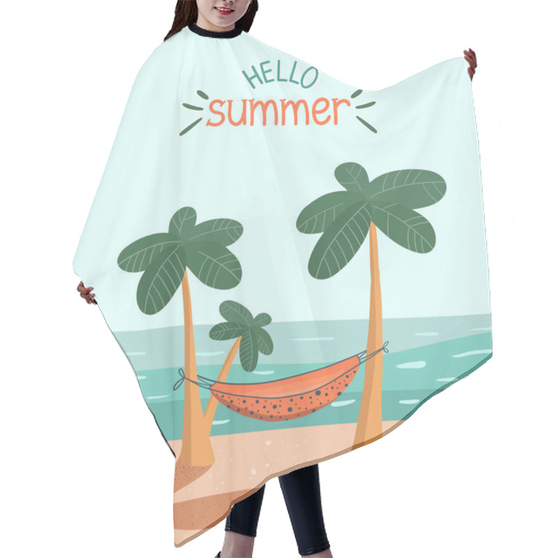 Personality  Deserted Beach With Palm Trees And Hammock On Sea Background. Lettering Hello Summer. Concept Of Summer Holidays, Rest. Vector Illustration For Poster, Bunner, Card, Stickers, Cover, Print, Invitation Hair Cutting Cape