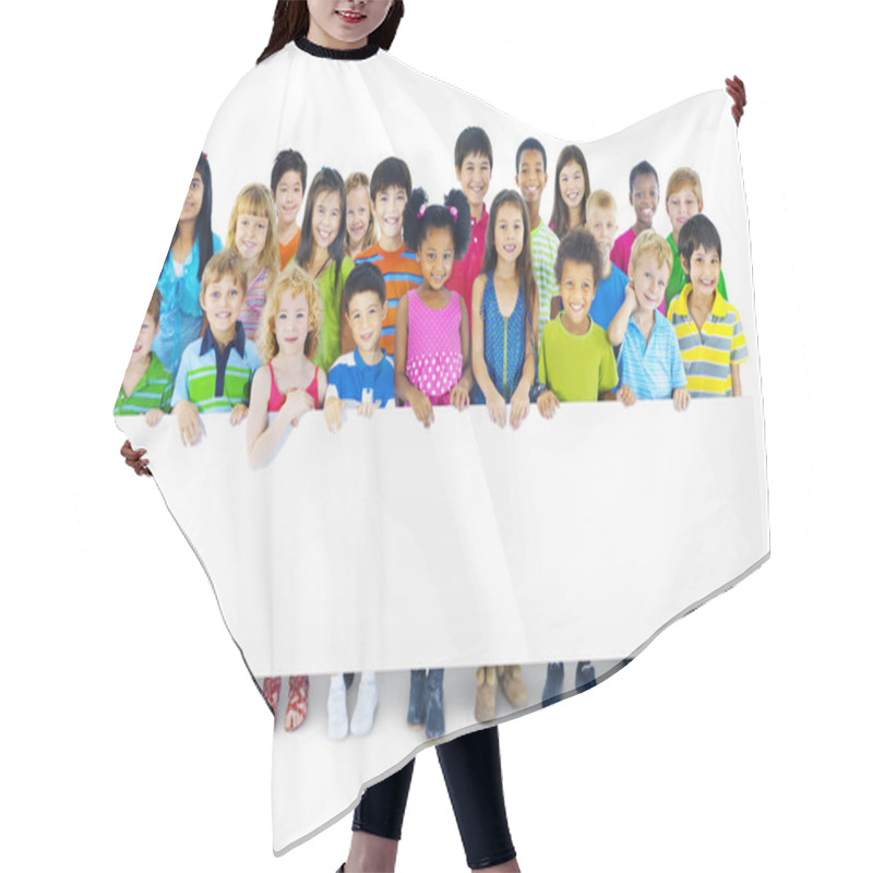 Personality  Multi-Ethnic Group Of Children Holding Empty Billboard Hair Cutting Cape