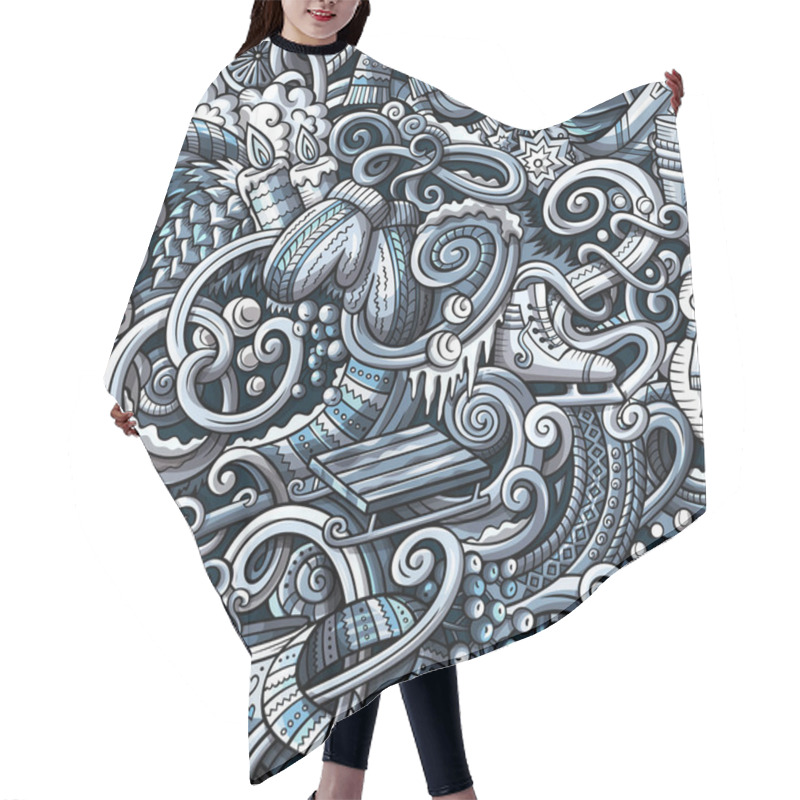 Personality  Cartoon Doodles Winter Season Seamless Pattern. Endless Illustration. Hair Cutting Cape