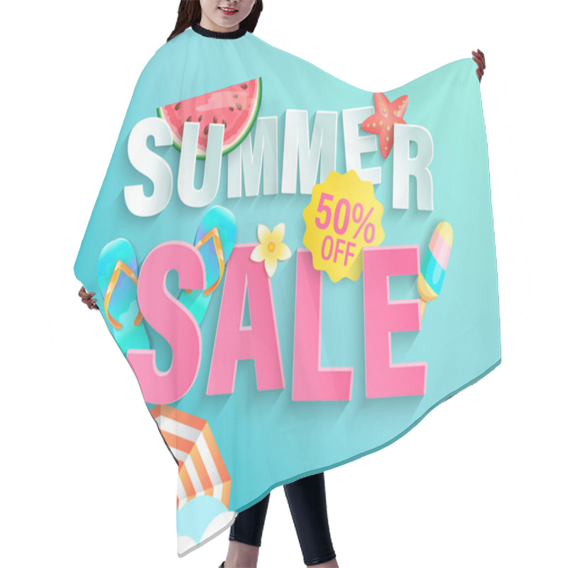 Personality  Summer's 2020 Sale Banner With Hot Season Elements. Invitation Poster With Watermelon, Ice Cream And Promotion With Big Discounts Above The Clouds.Template For Design.Vector Illustration. Hair Cutting Cape