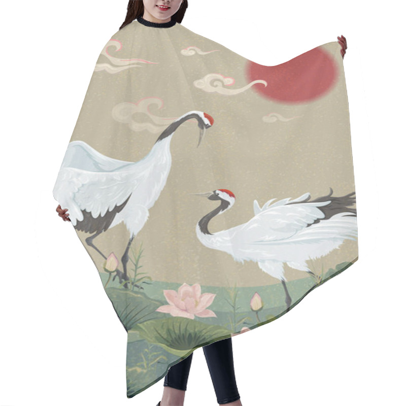 Personality  Background With Japanese Cranes And Lotuses Hair Cutting Cape