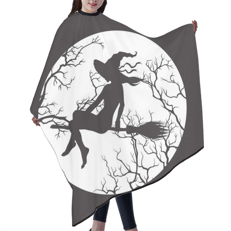 Personality  Silhouette Of Beautiful Witch Girl On A Broom In Front Of The Full Moon In Profile Isolated Hand Drawn Vector Illustration. Hair Cutting Cape