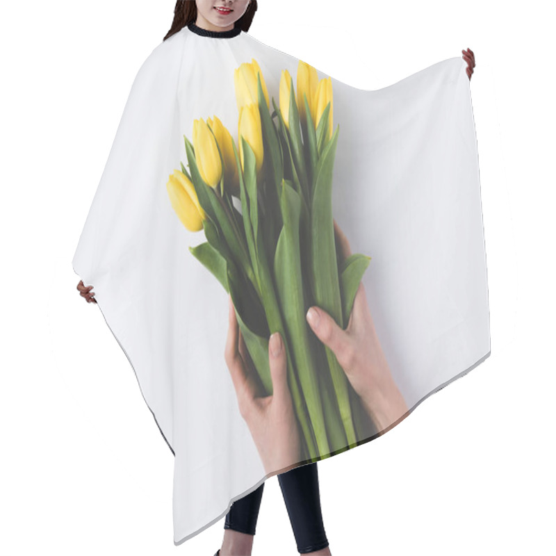 Personality  Beautiful Yellow Tulips In Human Hands Isolated On Grey Hair Cutting Cape