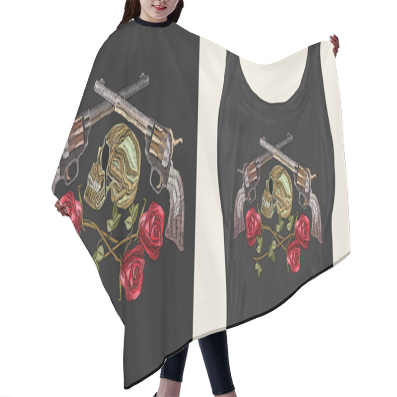 Personality  Embroidery Skull, Crossed Guns And Roses. Trendy Apparel Design Hair Cutting Cape