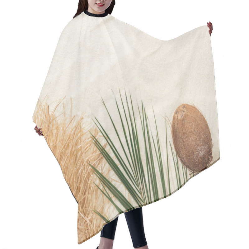 Personality  Top View Of Palm Leaf, Coconuts And Straw Hat On Sand Hair Cutting Cape