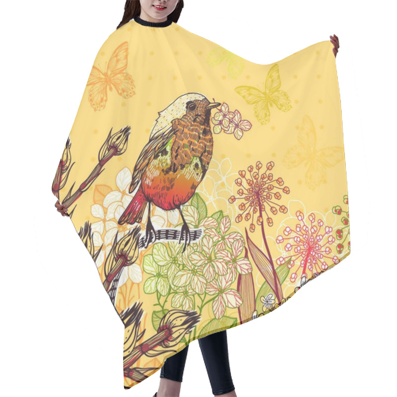 Personality  Vector Floral Illustration Of A Little Bird And Blooming Summer Flowers Hair Cutting Cape