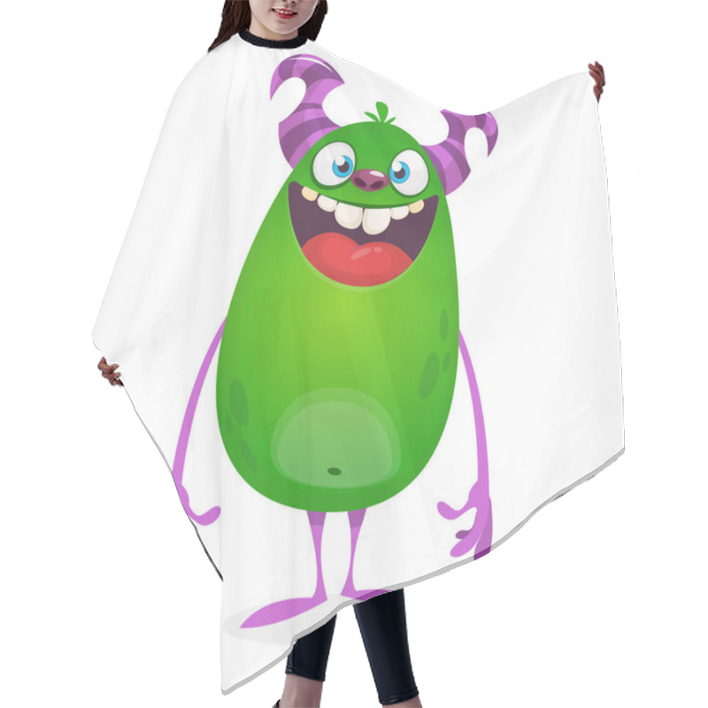 Personality  Happy Cool Cartoon Fat Monster. Green And Horned Vector Monster Character Hair Cutting Cape