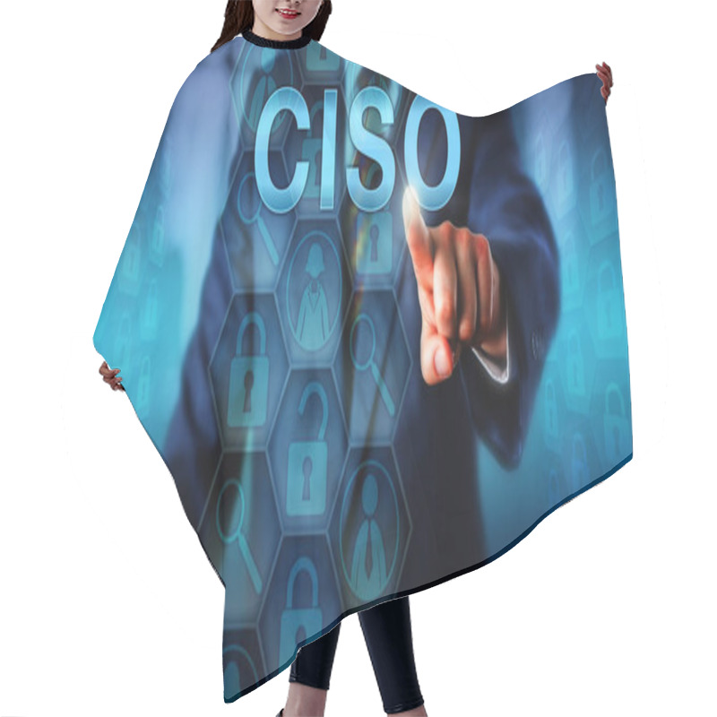 Personality  Headhunter Pushing CISO On Touch Screen. Technology Career Concept For C-level Management Executive Position Of Chief Information Security Officer. Responsible For Overall Security Of Organizations. Hair Cutting Cape