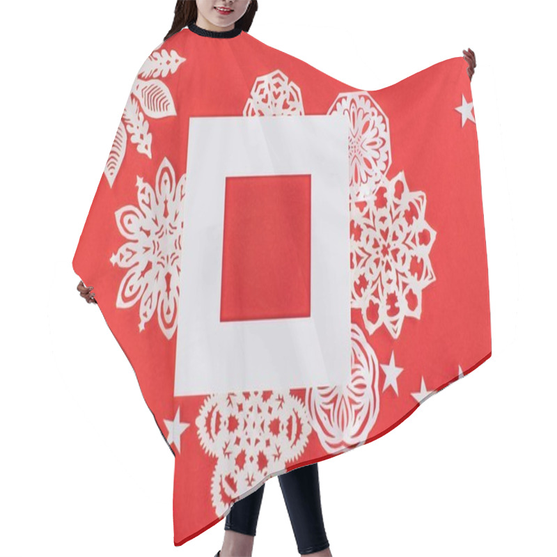 Personality  White Christmas Frame With Stars And Paper Snowflakes Around, Isolated On Red   Hair Cutting Cape