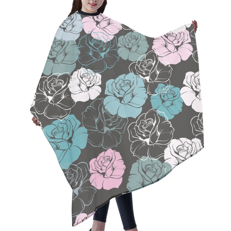 Personality  Seamless Floral Vector Pattern With Tile Blue, Green, White And Pink Retro Roses On Dark, Black Background. Beautiful Abstract Vintage Texture With Pink Flowers And Cute Background. Hair Cutting Cape