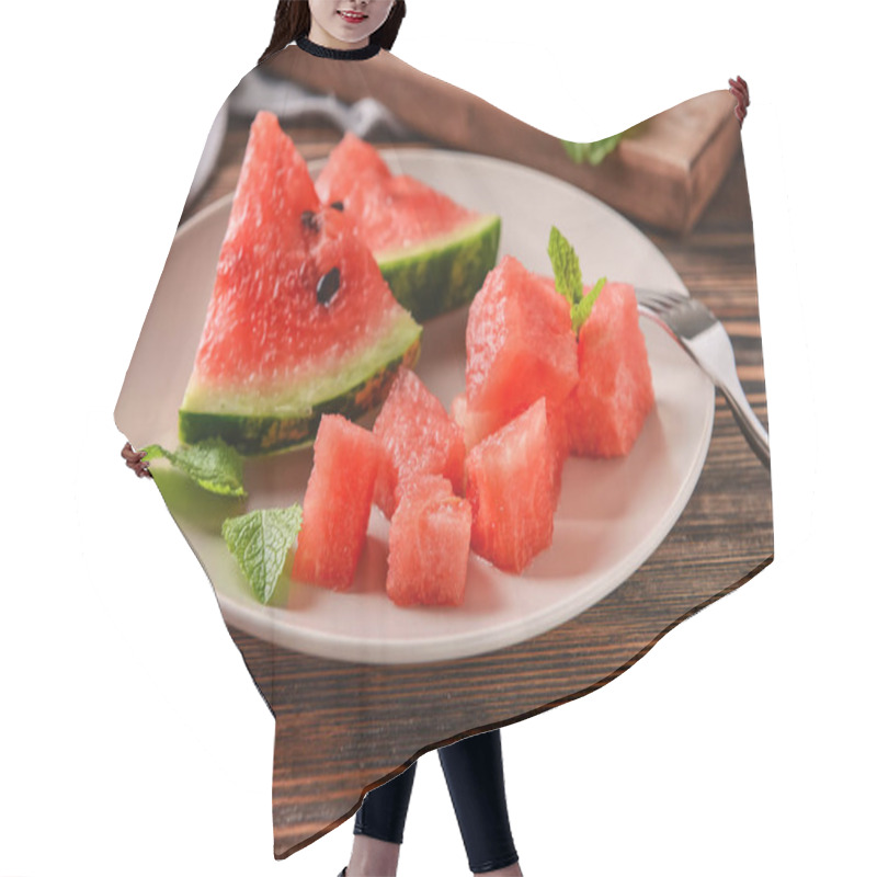 Personality  Plate With Sweet Watermelon Slices On Wooden Table Hair Cutting Cape