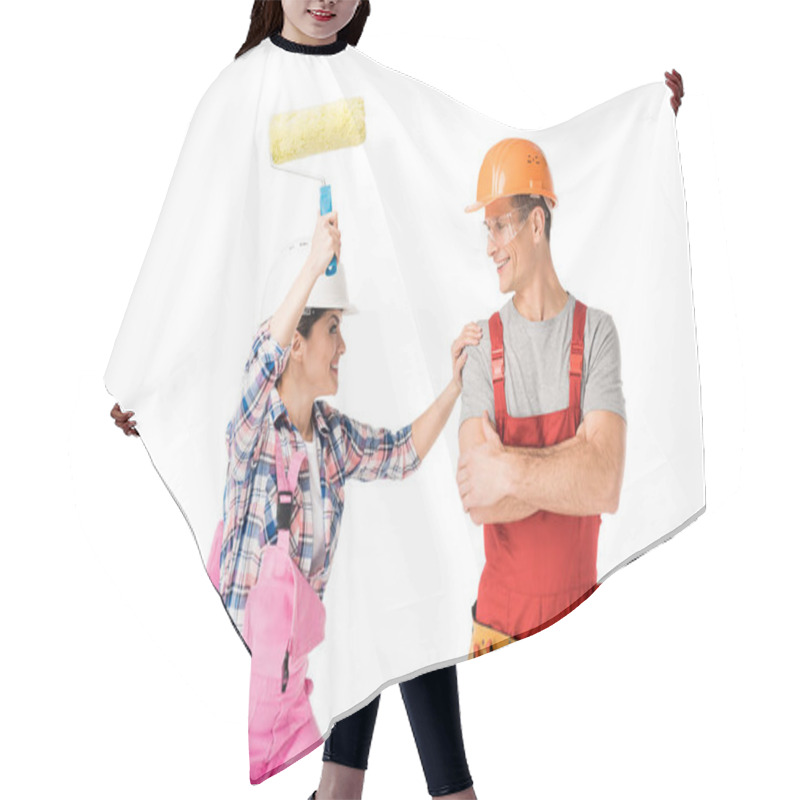 Personality  Male And Female Builders Fooling Around With Paint Roller Isolated On White Hair Cutting Cape