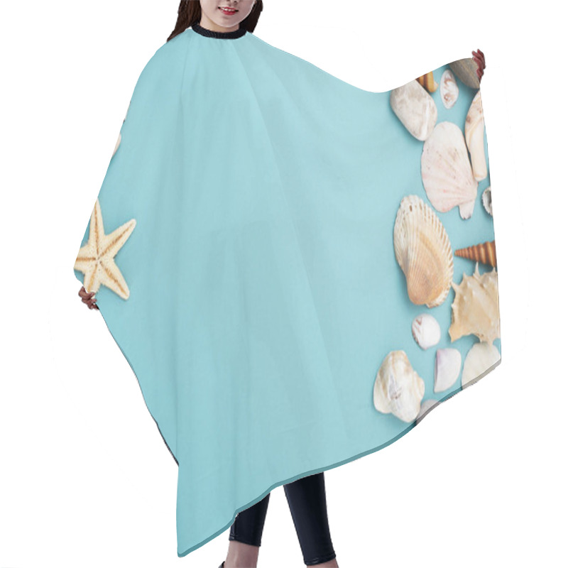 Personality  Frame Of Shells Of Various Kinds On A Blue Background Hair Cutting Cape