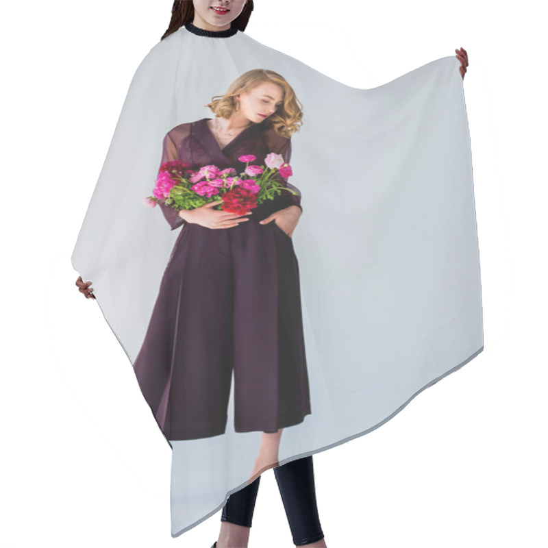 Personality  Full Length View Of Beautiful Elegant Woman Posing With Tender Flowers Isolated On Grey Hair Cutting Cape