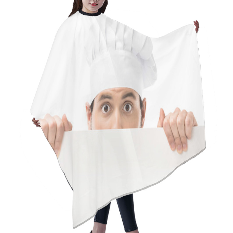 Personality  Professional Male Cook Peering Out Blank Banner And Looking At Camera Isolated On White Hair Cutting Cape