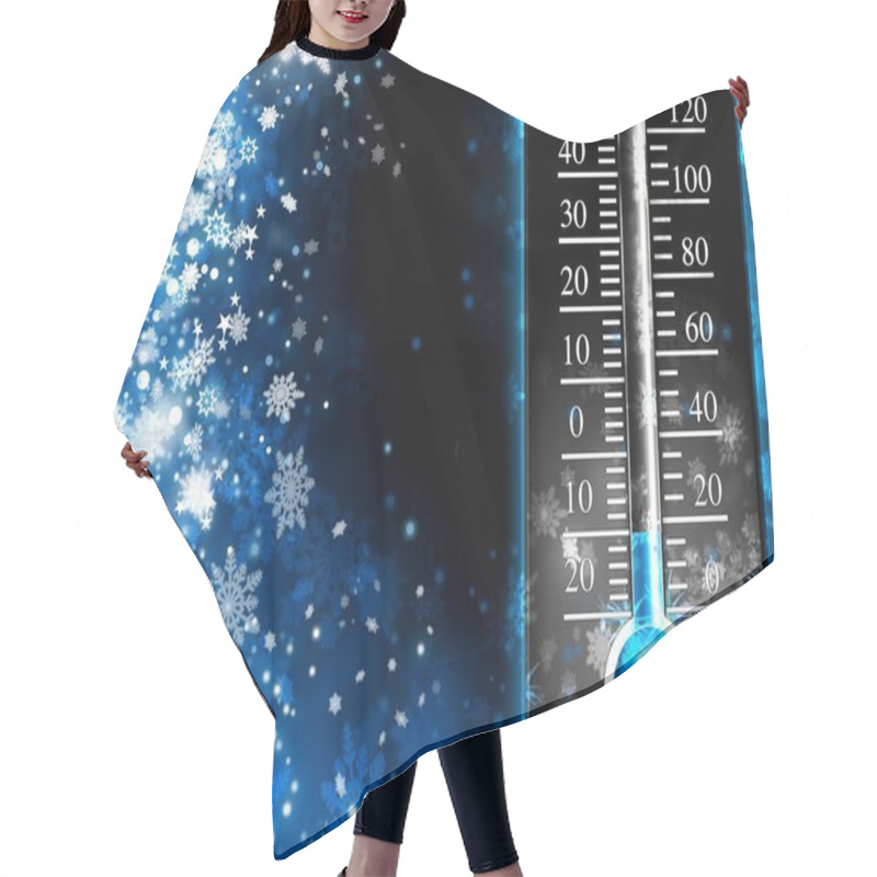 Personality  Below Zero. Cold Thermometer, Minus Temperature In Cold Winter Hair Cutting Cape