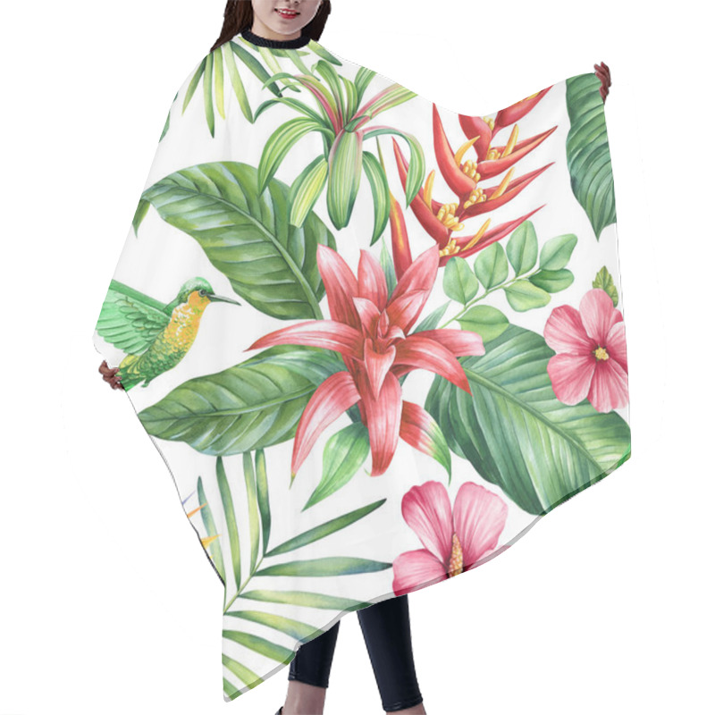 Personality  Floral Seamless Pattern, Wallpaper Tropical Green Palm Leaves And Strelitzia Bird Of Paradise Flowers, Watercolor Botanical Background. High Quality Illustration Hair Cutting Cape