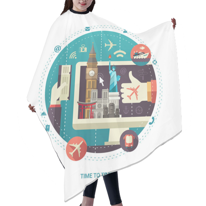 Personality  Flat Design Travel Composition With World Famous Landmarks On  Display Hair Cutting Cape