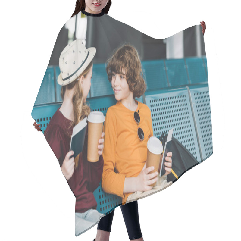 Personality  Cute Preteen Kids Sitting In Waiting Hall With Coffee To Go And Passports Hair Cutting Cape