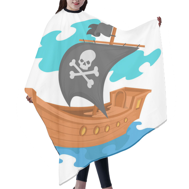 Personality  Pirate Ship Or Boat Illustration, Isolated On White Background, Cartoon Sea Pirate Ship, Sailing Ship At Sea, Vector Graphic To Design Hair Cutting Cape