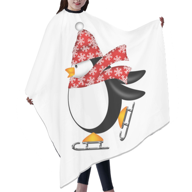 Personality  Cute Penguin With Red Scarf On Ice Skates Illustration Hair Cutting Cape