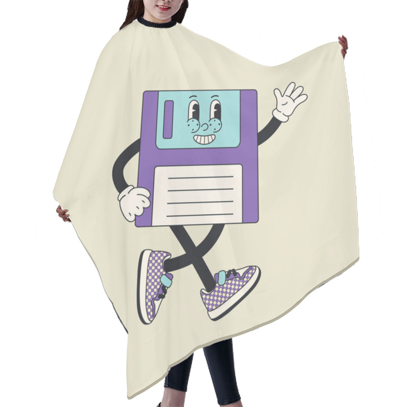 Personality  Cartoon Groovy Floppy Disk In Trendy Retro 70s Style. Vector Hair Cutting Cape