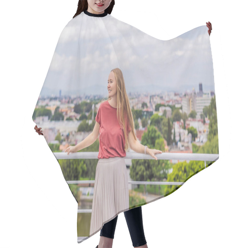 Personality  Female Tourist In Front Of The Panoramic View Of Puebla City, Mexico. Travel, Cultural Exploration, And Scenic Landscape Concept. Hair Cutting Cape