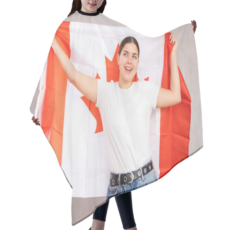 Personality  Young Positive Woman Holding National Flag Of Canada In Her Hands Hair Cutting Cape