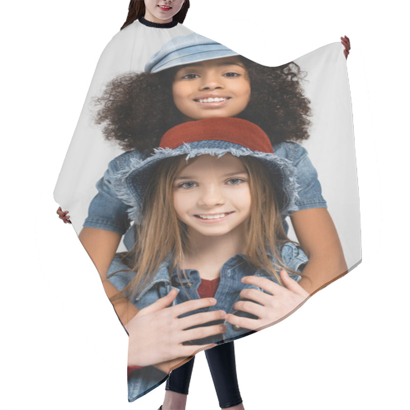 Personality  Happy Interracial Kids In Fashionable Clothes And Hats Embracing And Looking At Camera Isolated On Grey Hair Cutting Cape