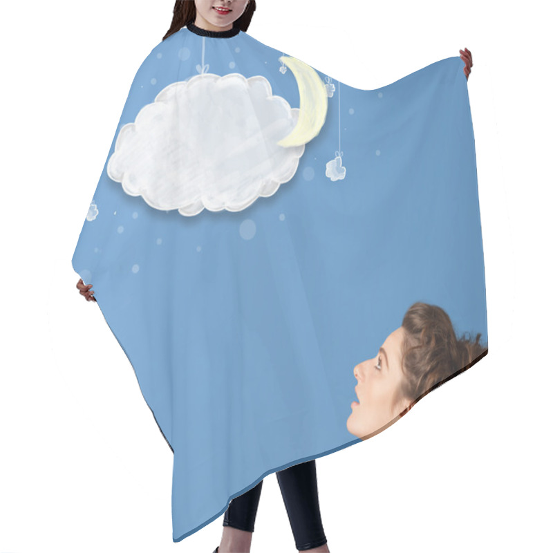 Personality  Young Girl Looking At Cartoon Night Clouds With Moon  Hair Cutting Cape