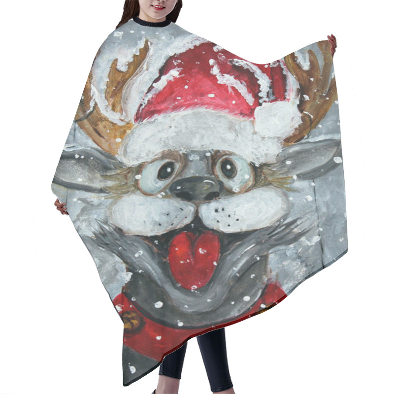 Personality  Snowy Christmas Mood Happy Deer With Santa Hat Original Painting Hair Cutting Cape