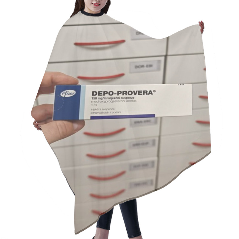 Personality  Prague, Czech Republic - July 9 2024: DEPO-PROVERA Box Of Medication With Medroxyprogesterone Acetate Active Substance By Pfizer, Used For Treatment Of Contraception, Menstrual Disorders, Endometriosi Hair Cutting Cape