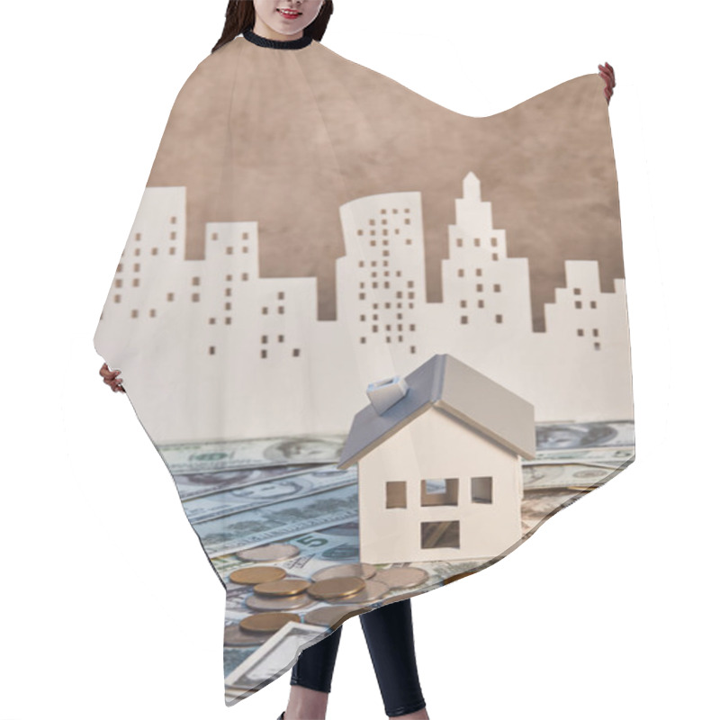 Personality  House Model On Dollar Banknotes Near Coins And Paper City On Background, Real Estate Concept Hair Cutting Cape