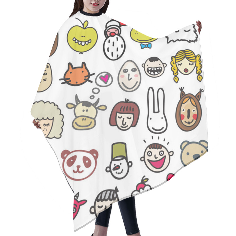 Personality  Set Of Doodle Faces. Hair Cutting Cape