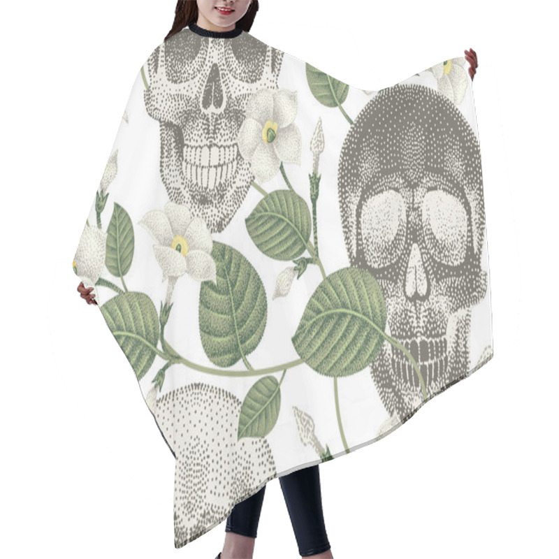 Personality  Seamless Pattern With Flowers And Skulls. Hair Cutting Cape