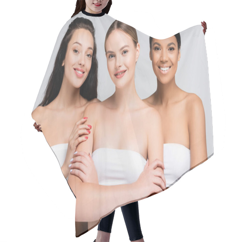 Personality  Happy Multiethnic Women With Bare Shoulders In Tops Isolated On Grey Hair Cutting Cape