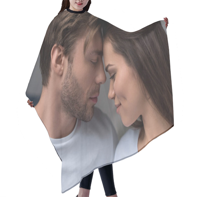 Personality  Romantic Couple Tenderly Hugging In Their Room Hair Cutting Cape