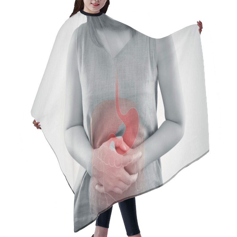 Personality  Ulcerative Colitis, The Photo Of Large Intestine Is On The Woman's Body Against Gray Background, Female Anatomy, Concept With Healthcare And Medicine Hair Cutting Cape