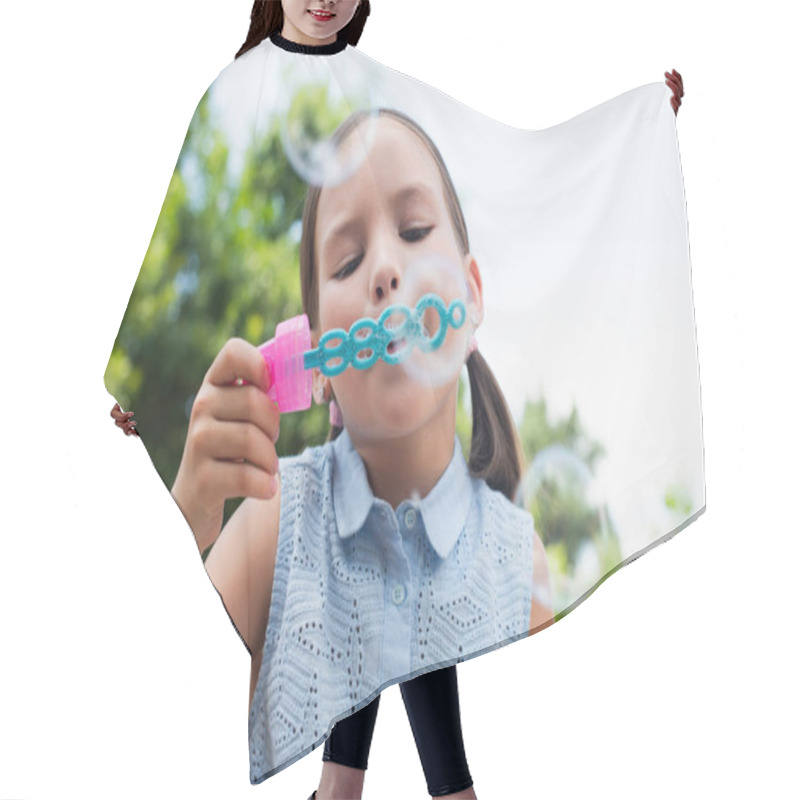 Personality  Girl Blowing Soap Bubbles On Blurred Foreground Hair Cutting Cape