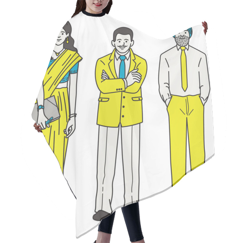 Personality  Vector Illustration Full Length Character Of Indian Businessman And Businesswoman, Man In Suits And Sikh Turban, Woman In Traditional Saree.  Outline, Thin Line Art, Linear Style. Hair Cutting Cape