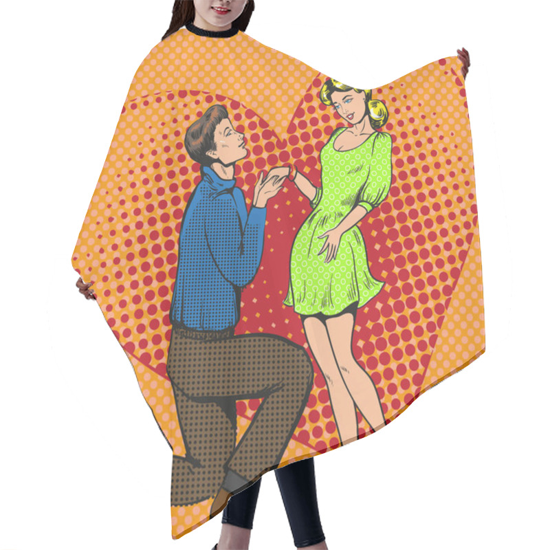 Personality  Vector Pop Art Illustration Of Man Proposing Marriage To Girlfriend Hair Cutting Cape