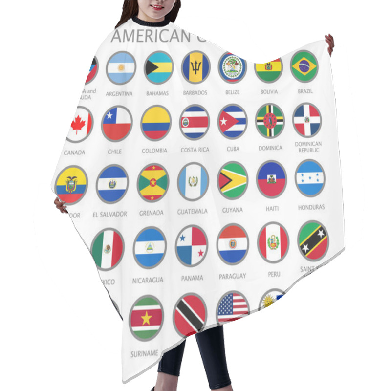 Personality  All National Flags Of The Countries Of American Continents In Alphabetical Order. Official Colors Flags And Round Design. Vector Illustration Hair Cutting Cape