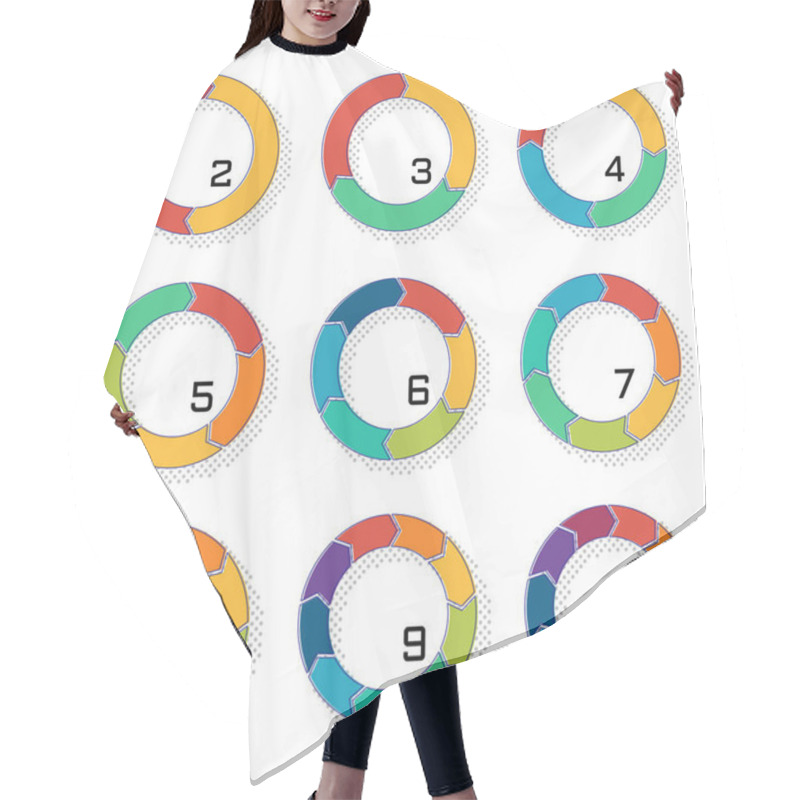 Personality  Set Of Pie Charts With Transition In Arrow Form, Displacement Of Contour And Halftone Shadow. Colorful Elements For Infographics. Vector Hair Cutting Cape