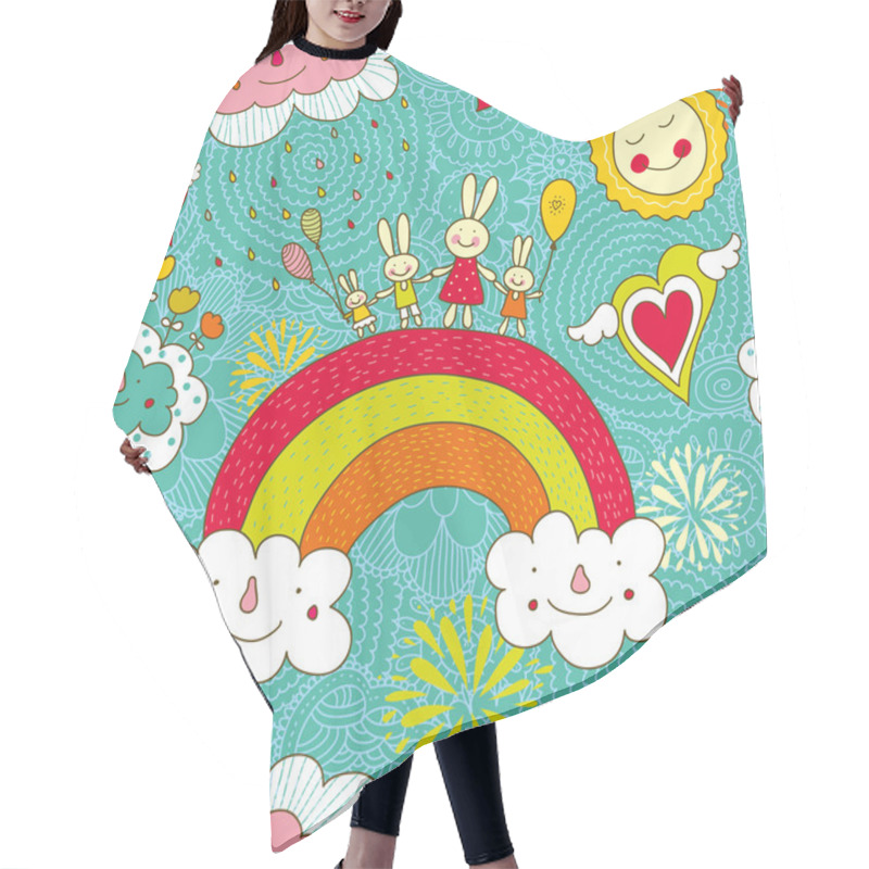 Personality  Cheerful Rabbits Walk Over The Rainbow Hair Cutting Cape