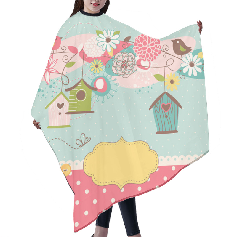 Personality  Beautiful Spring Background With Bird Houses, Birds And Flowers Hair Cutting Cape