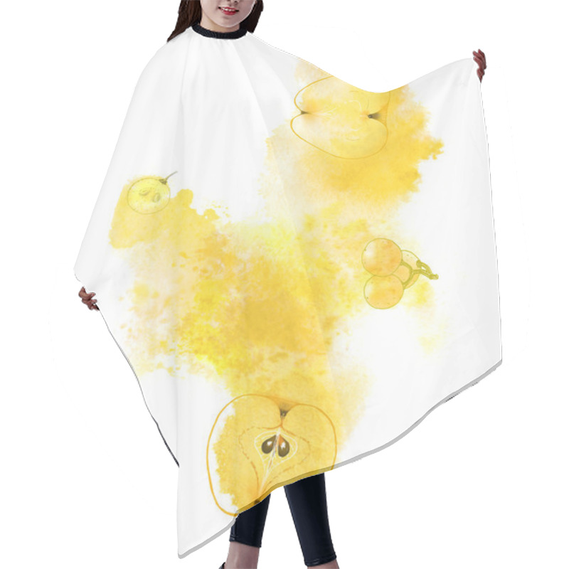 Personality  Sunny Apples And Grapes And Yellow Splash On White Background. Hand-painted Abstract Illustration Hair Cutting Cape