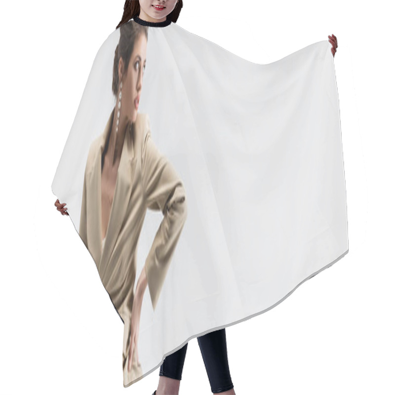 Personality  Sensual Brunette Woman Looking Away While Posing With Hand On Hip Isolated On Grey, Banner Hair Cutting Cape