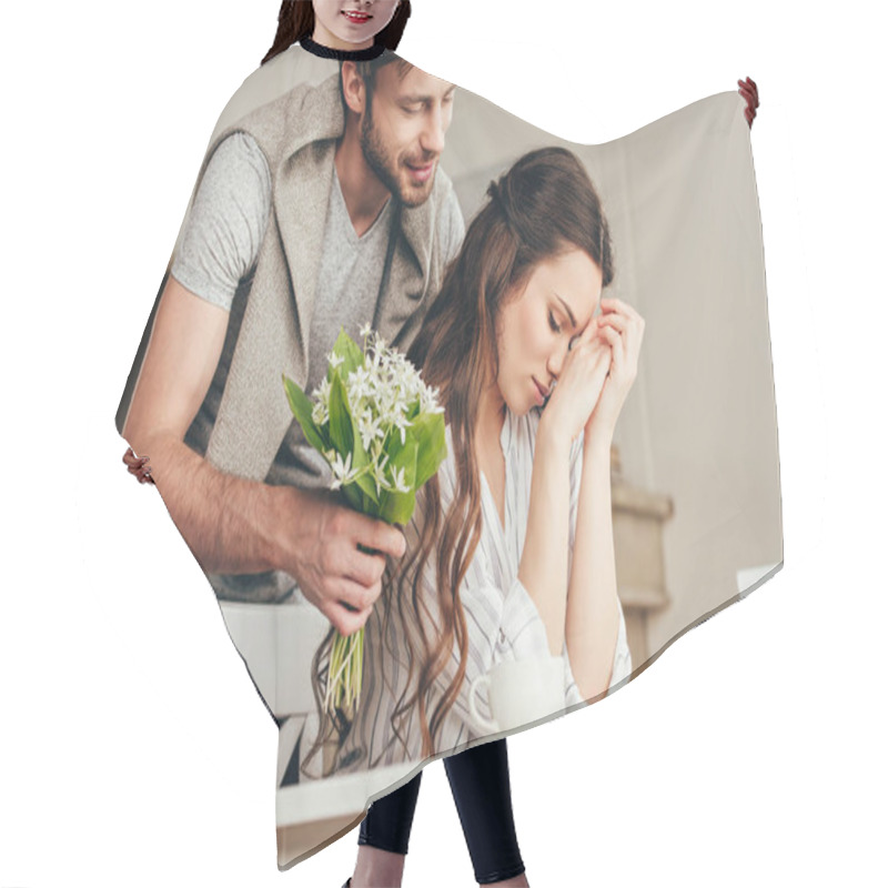 Personality  Man Presenting Flowers To Girlfriend At Home Hair Cutting Cape