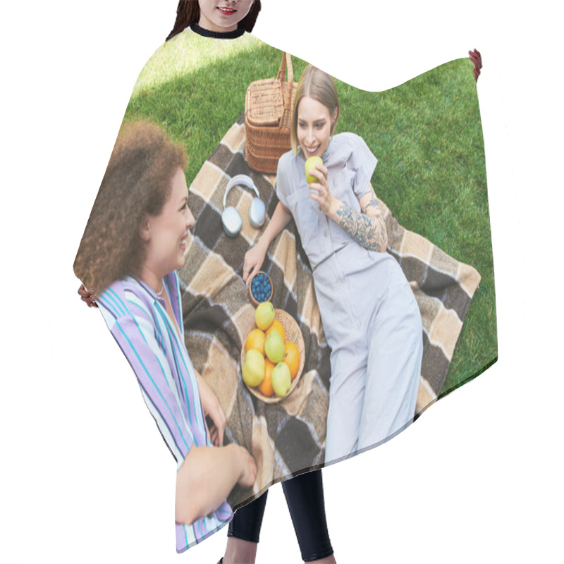 Personality  Two Friends Relax On A Blanket, Savoring Snacks And Each Others Company On A Sunny Day. Hair Cutting Cape