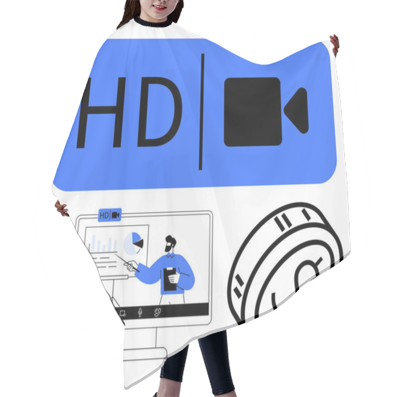 Personality  HD Video Symbol, Person Editing Video On Computer Screen With Financial And Analytical Tools, Coin Icon. Ideal For Video Production, Business, Presentations, Finance, Analytics, Technology Hair Cutting Cape